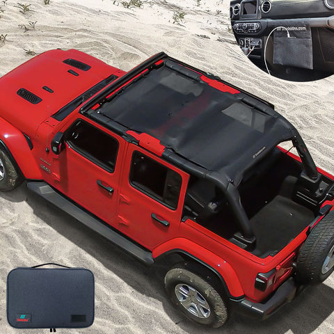Jeep Wrangler Sun Shade JL Unlimited 4 Door Front and Rear Mesh Screen Sunshade JLU Top Cover UV Blocker with Grab Bag-One time Install 10 years Warranty