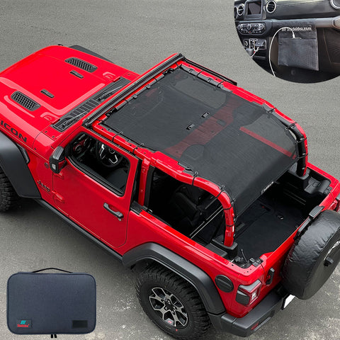 Jeep Wrangler Sunshade JL 2 Door Sun Shade Front and Rear and Back Mesh Screen Top Cover UV Blocker with Grab Bag (2018-2023) - 10 Year Warranty